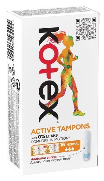 Тампони Kotex Active Normal 16 шт без аплікатора в індивідуальному пакуванні 00000002529 фото