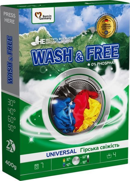Універсальний пральний порошок Wash&Free Гірська свіжість 400 г безфосфатний 00000004335 фото