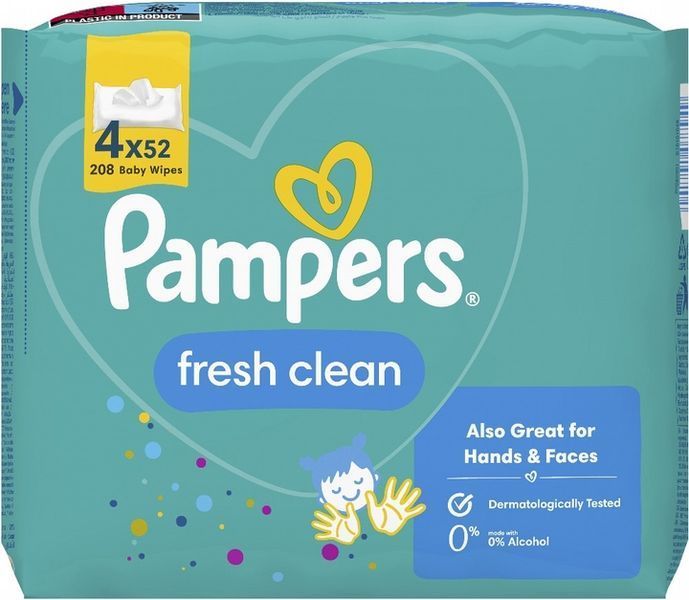 Дитячі вологі серветки Pampers Fresh Clean 4х52 шт гіпоалергенні 208 шт 00000001099 фото