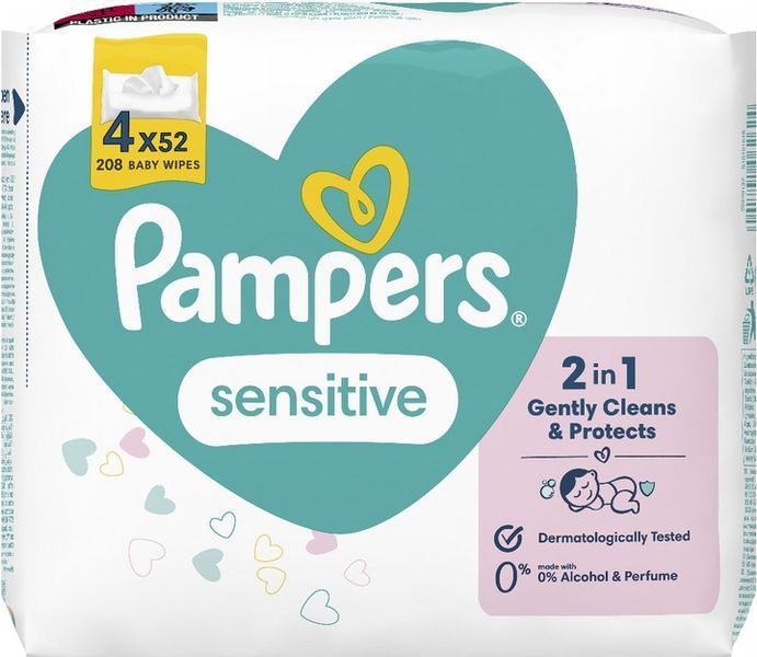 Дитячі вологі серветки Pampers Sens 4x52 гіпоалергенні 208 шт Німеччина 00000001101 фото
