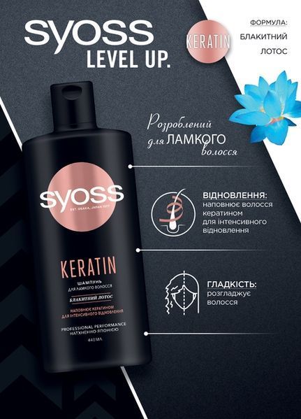 Шампунь Syoss Keratin з Блакитним Лотосом для ламкого волосся 440 мл 00000000846 фото